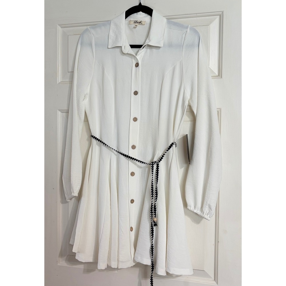 Hint‎ of Blush Shirt Dress Womens Medium White NEW Long Sleeve Belted Mini Boho